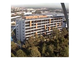 Kingwood external cladding, louvre and decking installed at Quest Service Apartment, Sydney Olympic Park