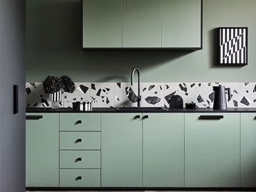 Kitchen Cabinetry Laminex AbsoluteMatte Green Slate, Benchtop AbsoluteMatte Black