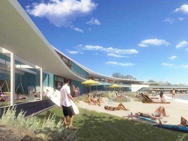 The proposal for Urbnsurf Perth by MJA Studio and Wave Park Group features a 2.4 hectare lagoon and a range of club facilities&nbsp;(Wave Park Group)
