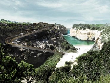 A set of stairs connecting Loch Ard Gorge to the beach forms part of future stages of the Shipwreck Coast Master Plan. Image: McGregor Coxall
