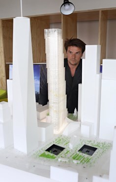 Bjarke Ingels shares a model of his new World Trade Centre building. Photography by Alexander Cohn for New York Daily News