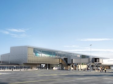 Airside view of the Gold Coast Airport Southern Terminal Expansion, showing connection to the existing terminal and new airside passenger zone building extension. Image: Supplied
