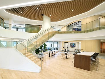 The beautiful glass clad staircase featuring Glasshape’s TemperShield at Amway HQ