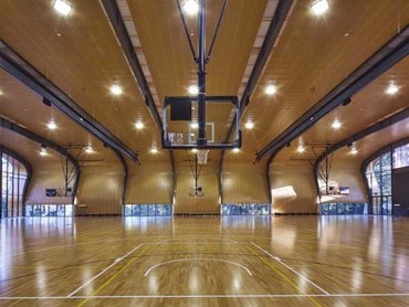 SUPACOUSTIC acoustic panels were used to create the arresting curves in the large multi-purpose sports hall (Photo &copy; Tyrone Branigan Productions)
