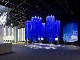 Display pods at Samsung showroom with Kaynemaile Azure Blue mesh