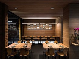 Feature ceiling with timber look battens transforms Japanese restaurant in Sydney