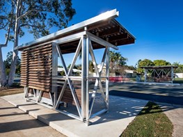 Noosa bus shelters feature x-braced frames and gum cladding