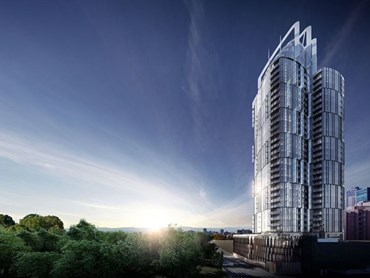 The residential tower will rise in a curvilinear form for 38-storeys (127.5 metres to the top of the roof plant) and will feature a six-storey glazed podium.  Image:  UEM Sunrise