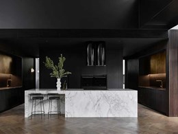 Herringbone style timber floor enhances moody theme at bold and beautiful SA home