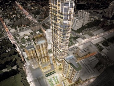 New plaza view (60 and 25-storey towers by PTW Architects, 35-storey by Collins and Turner)
