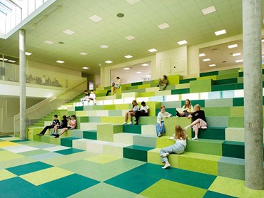 The ‘educational staircase’ displays a scale of eight tonal shades of green Marmoleum