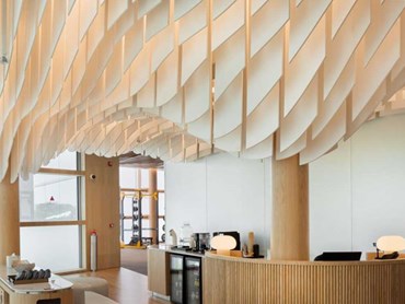 The acoustic baffles elevate the grand aesthetic of the hotel’s fitness centre