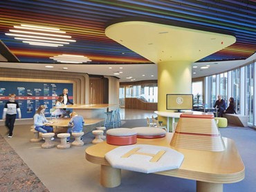 The&nbsp;colourful slatted ceiling custom-made by Supawood&nbsp;

