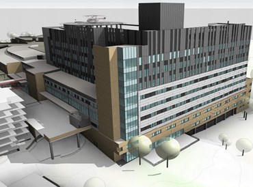 Clinical Areas for the new building would be defined on the exterior by horizontal light coloured metal finished panels with dark metal window frames and dark colourback glass to panels covering the columns.