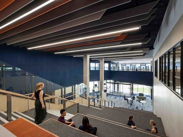 Autex Frontier acoustic baffle system absorbs reverberant sound in open areas