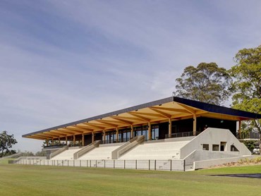The grandstand at the Eric Tweedale Stadium featuring the cantilevered timber structure