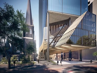 Cox Architecture has submitted a development application for a new 144 metre skyscraper for Melbourne that will built around a historic church manse, built in 1859. Image: Cox
