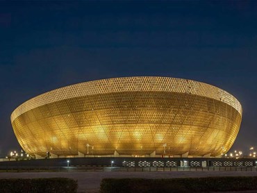 The golden bowl-shaped Lusail Stadium in Lusail City, Qatar