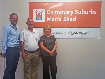 Allister Millican, Ausco&#39;s QLD Sales Manager pictured with&nbsp;David Cope, Centenary Suburbs Men&#39;s Shed President and Bernadette Bramble, Ausco&#39;s Business Development Representative
