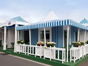 Blue Lisos stripes in application at PFD Food Services patron chalet at The Bird Cage, Flemington Racecourse
