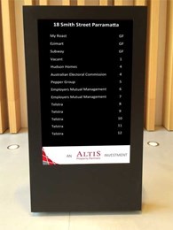 Freestanding digital directory board installed in Parramatta commercial building lobby 