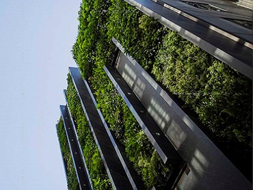 Four large waterfalls with integrated green walls at Waterfall by Crown Group
