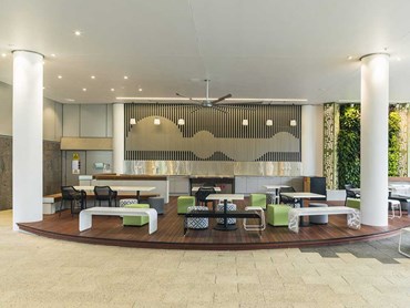 The new civic reception outdoor area features a custom configuration of SUPASLAT Aluminium