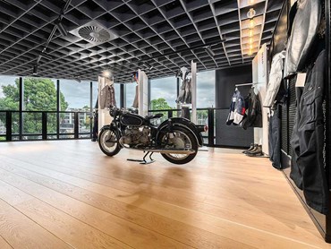 Amendo timber flooring lays the perfect foundation for showcasing a prestigious vintage motorbike