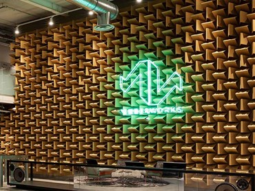 The new Mediaworks office featuring a custom acoustic feature wall