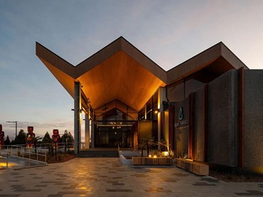 Innowood's cladding, ceiling, and screening in Tasmanian Oak finish were installed at the spa