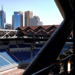 Melbourne's Margaret Court Arena operable roof closes in five minutes and looks like copper penny