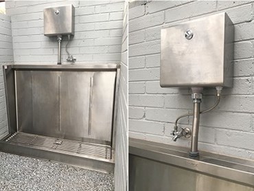 Britex stainless steel Sanistep urinal, push button cistern and flush pipe kit
