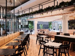 DecorSlat Max beams with bespoke moulded tips create stunning restaurant ceiling 