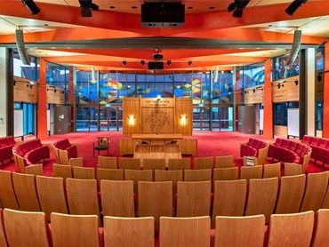 The interior design of the synagogue features SUPAWOOD Supaline panels in natural timber SUPAVENEER