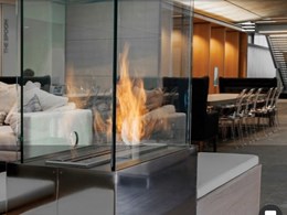 Custom EcoSmart fireplace adds extra warmth to Nu Skin office lounge and dining area