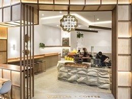Fibonacci Earth honed terrazzo tiles bring earthy tone to new Waffee cafe in Melbourne