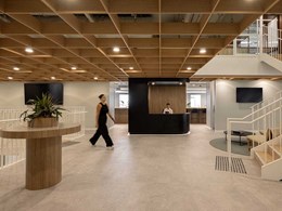 Waffle blade ceiling acts as the focal point in bright, modern workplace fitout