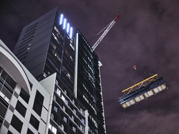 The tallest prefabricated tower ever to be constructed in Australia has reached full height, prompting the designers to praise the efficiency and relevancy of the construction method. Image: supplied
