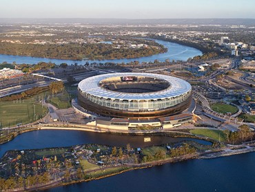 Optus Stadium and Stadium Park. Design by HASSELL, Cox Architecture and HKS Architects, construction by Multiplex. Image: HASSELL

