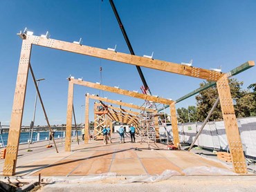 Prefabricated LVL timber portal frames were used for the building's framework