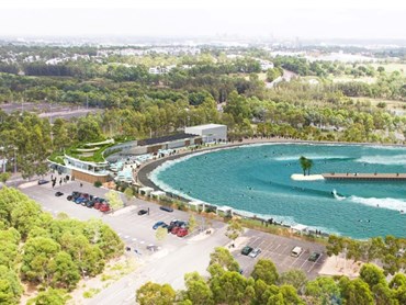 Artist&#39;s impression of the URBN Surf wave lagoon to be built at Sydney Olympic Park. Image: supplied
