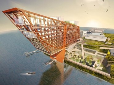 The design for Mona&#39;s proposed on-site hotel, called Homo, is reportedly modelled off California&#39;s Golden Gate bridge. Image: Fender Katsalidis Architects
