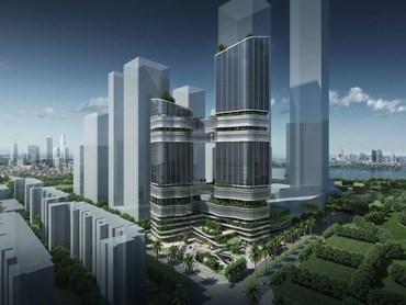 GroupGSA&rsquo;s mixed-use tower design was inspired by the repeating hexagons in a carbon atom. Image: GroupGSA
