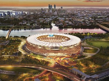 The design for Perth Stadium is a collaboration between HASSELL, Cox and HKS. Image: WESTADIUM
