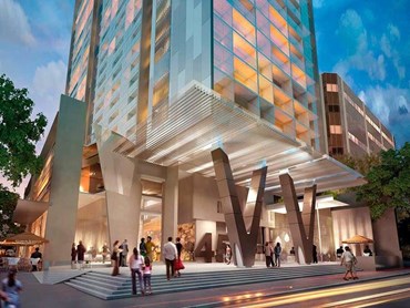 The Macquarie Street entrance to V by Crown will feature a protective canopy provided by elevating the tower element on two V columns.
