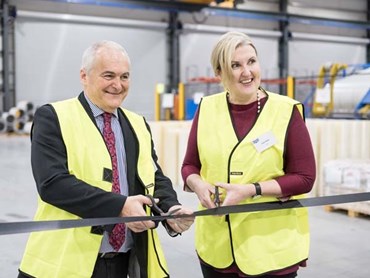 Metecno Factory Opening: RibbonCutting &ndash; Bondor / Metecno Australia Group Executive General Manager Geoff Marsdon and AIA Victorian Chapter Executive Director Ruth White cutting the ribbon to officially open the Metecno Factory
